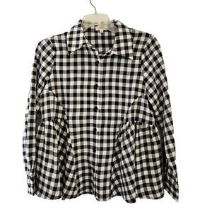 OTT Top Blouse Womens 8 Black White Gingham Babydoll Long Sleeve Button Down